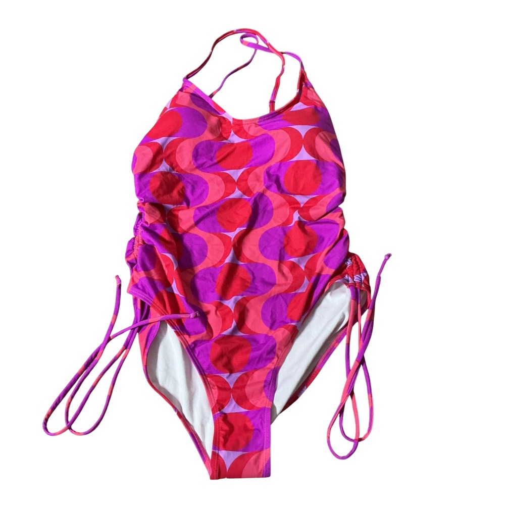 Tevia Retro Geometric Ruched One Piece Swimsuit Womens L Pink Purple Psychedelic
